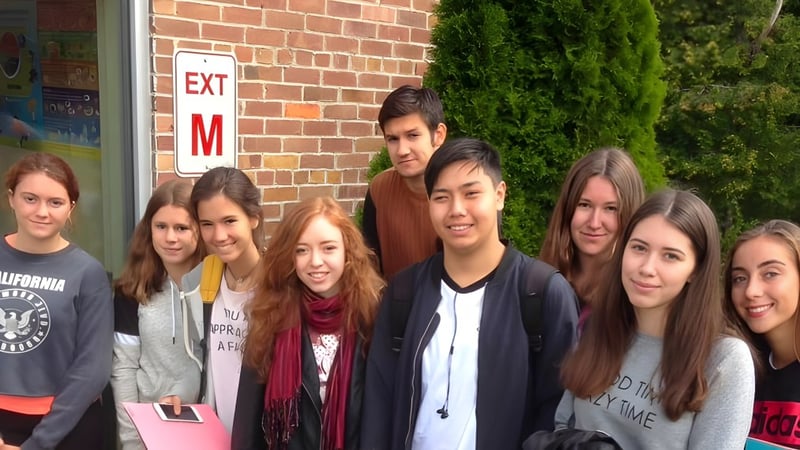 Eine Gruppe Schülerinnen und Schüler steht vor einer Backsteinmauer mit einem Exit-Schild auf dem Gelände der Newcomb Central School District.