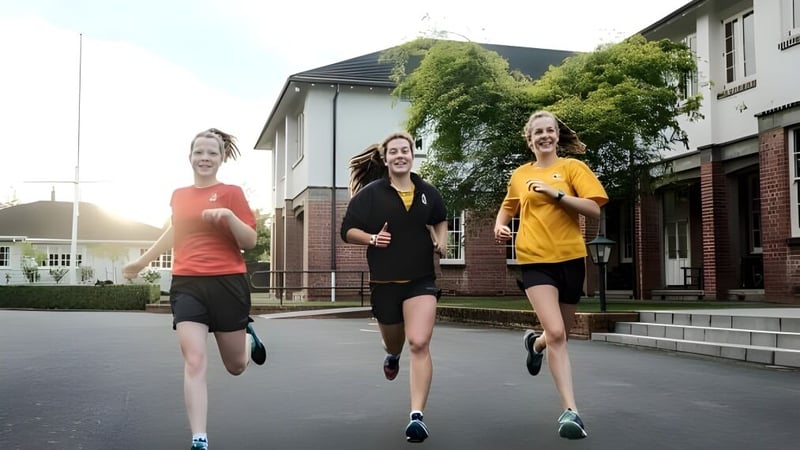 Drei Schülerinnen der Nga Tawa Diocesan School laufen in Sportkleidung auf einer Straße vor einem Backsteingebäude.