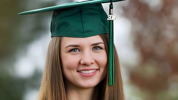 Eine Absolventin der North Central Texas Academy trägt stolz ihre grüne Abschlusskappe und -robe im Freien.