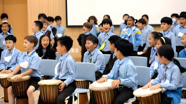 Schüler der North London Collegiate School Jeju spielen im Musikunterricht Schlaginstrumente im Klassenzimmer.