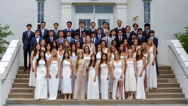 Eine große Gruppe formell gekleideter Schülerinnen und Schüler steht auf den Stufen eines repräsentativen Gebäudes der North Shore Country Day School.