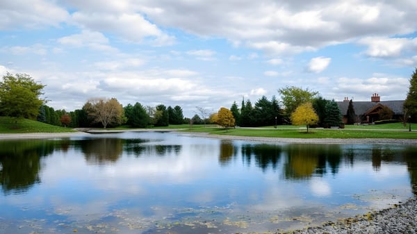 Ein ruhiger Teich mit herbstlichen Bäumen und einer bewölkten Himmelsspiegelung in der Nähe der North Star High School.
