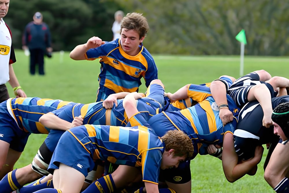 Eine Gruppe von Rugby-Spielern des Northcote College erkämpft sich den Ball in einem Gedränge auf dem Spielfeld.