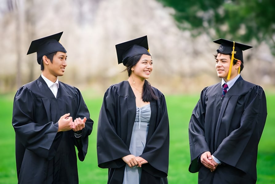 Drei Absolventinnen und Absolventen der Northern Academy stehen im Freien auf einer Wiese in ihren Abschlussgewändern.