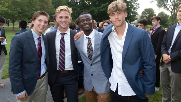 Eine Gruppe junger Männer in formeller Kleidung steht gemeinsam im Freien auf dem Campus der Northfield Mount Hermon School.