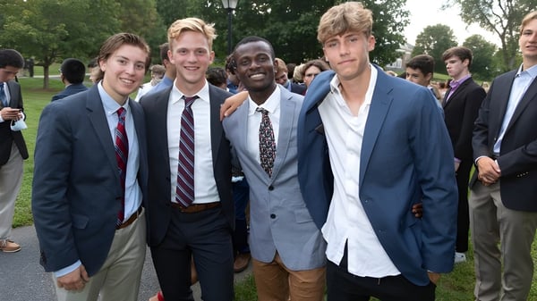 Eine Gruppe Schüler der Northfield Mount Hermon School steht im Freien vor grünen Bäumen.
