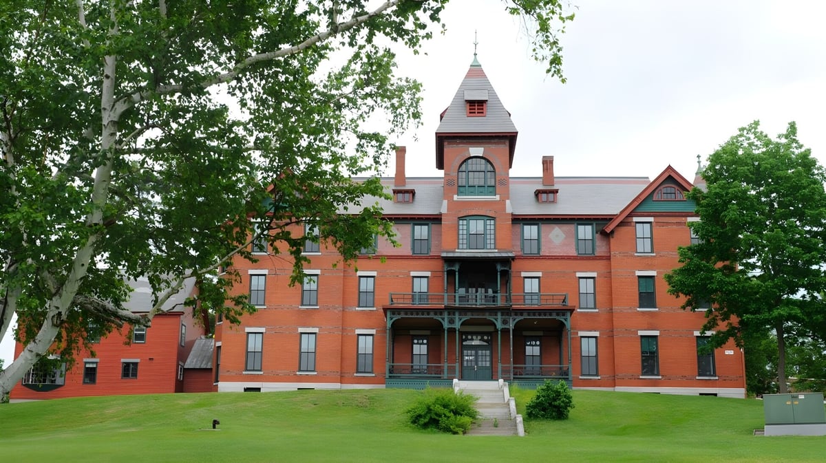 Das große Backsteingebäude mit Turm auf dem Campus der Northfield Mount Hermon School ist von Bäumen und einer Rasenfläche umgeben.