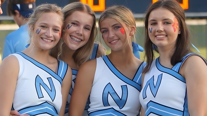 Vier Schülerinnen in Cheerleader-Uniformen mit dem Buchstaben N posieren gemeinsam vor einem Gebäude auf dem Campus der Northpoint Christian School.