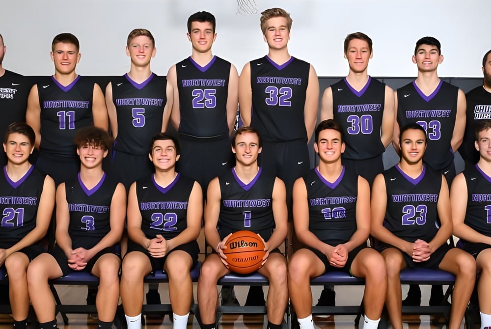 Die Basketballmannschaft der Northwest Christian High School posiert gemeinsam in der Sporthalle in lila-schwarzen Trikots.