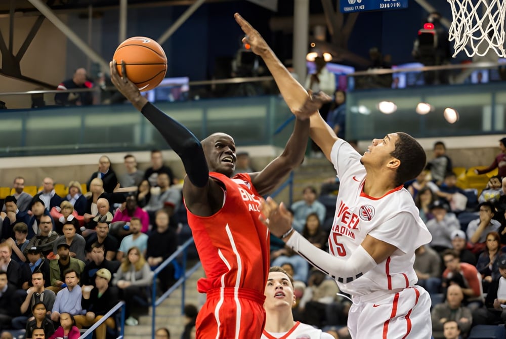 Zwei Basketballspieler konkurrieren um den Ball bei einem Spiel auf dem Gelände der Norwell District Secondary School.