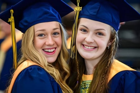 Zwei Schülerinnen der Notre Dame High School in Calgary posieren gemeinsam bei der Abschlussfeier in blauen Talaren und Hüten.