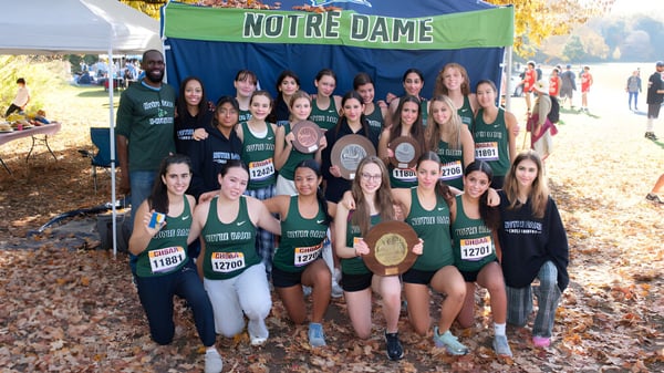 Eine Gruppe von Sportlerinnen in grünen und weißen Trikots posiert vor einem Notre Dame High School Banner im herbstlichen Wald.