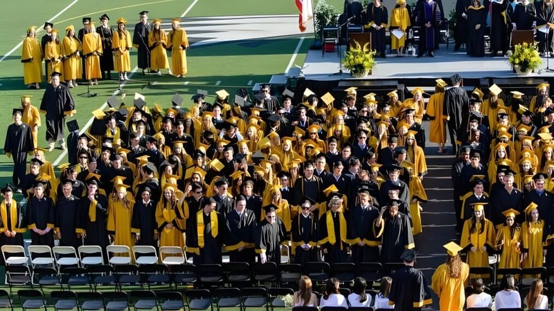 Eine große Gruppe von Absolventen in gelben und schwarzen Talaren steht auf der Bühne des Oak Park Unified School District.