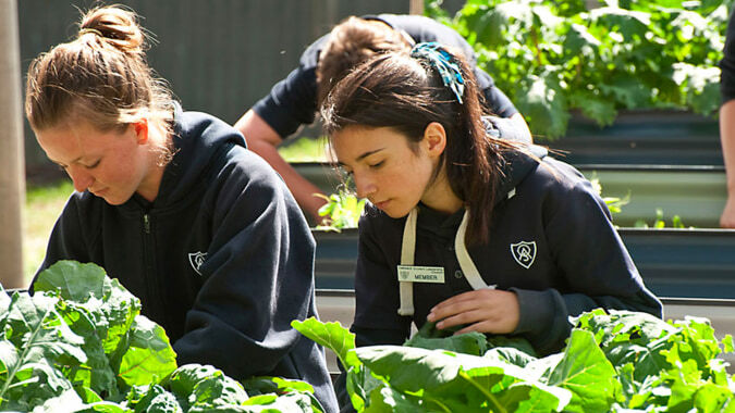 Zwei Schülerinnen in Schuluniform untersuchen Pflanzen in einem Garten auf dem Gelände der Oakbank Area School.