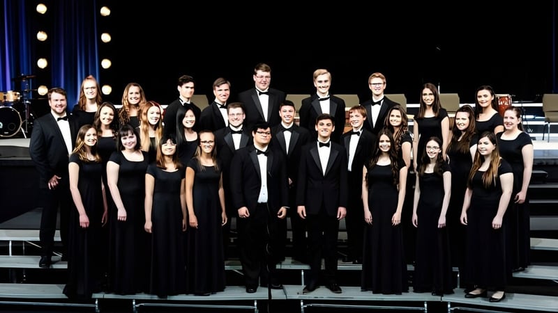Eine große Gruppe von Schülerinnen und Schülern der Oakland Christian School steht formell gekleidet auf der Bühne unter Scheinwerfern.