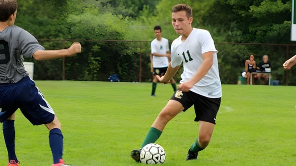 Zwei Schüler spielen Fußball auf dem Rasenplatz der Oakland Christian School mit weiteren Spielern im Hintergrund.