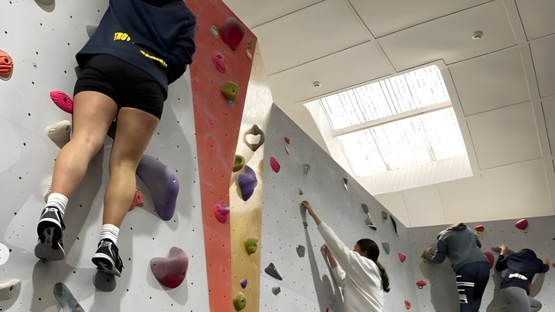 Eine Schülerin klettert an der bunten Kletterwand auf dem Campus der Odenz Programm Schule.