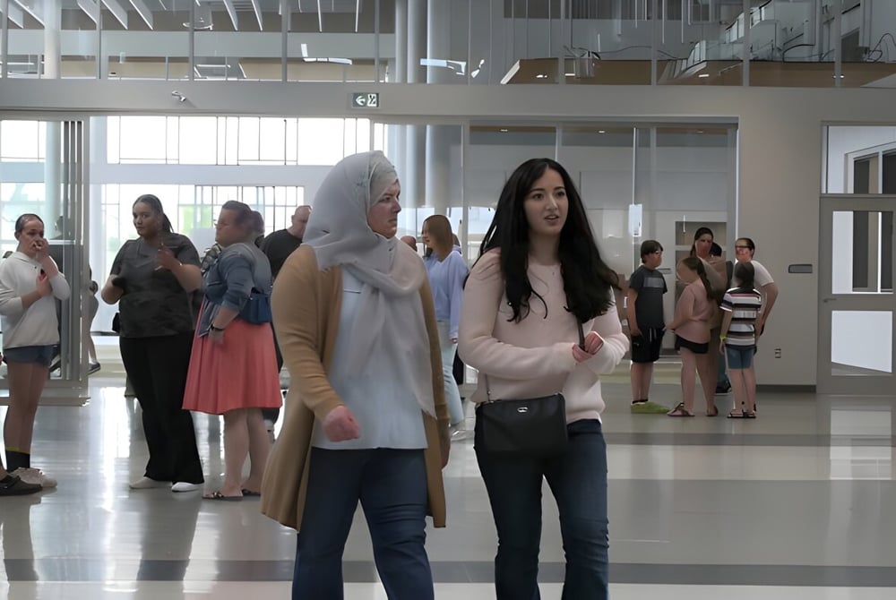 Eine Gruppe Schülerinnen steht im hellen Flur der Ohpaho Secondary School mit großen Fenstern.