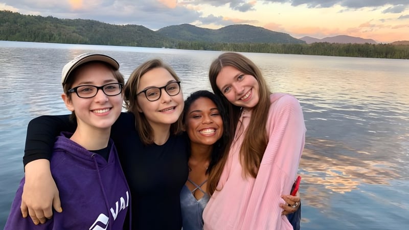 Eine Gruppe von Schülerinnen der Oldfields School posiert lächelnd vor einem See mit Bergen und Wäldern im Hintergrund.