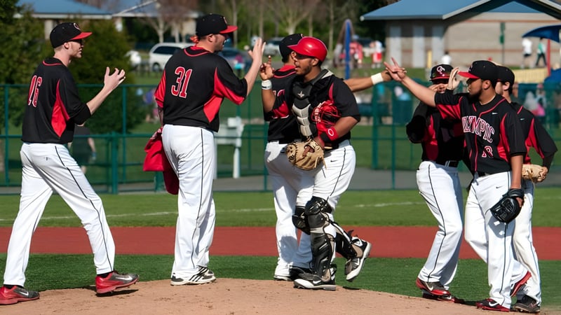 Eine Gruppe Baseballspieler des Olympic College feiert auf dem Spielfeld mit Gebäude und Bäumen im Hintergrund.