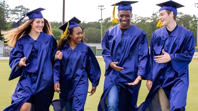 Vier Absolventinnen und Absolventen des Onslow College stehen zusammen auf einer Wiese vor Bäumen.
