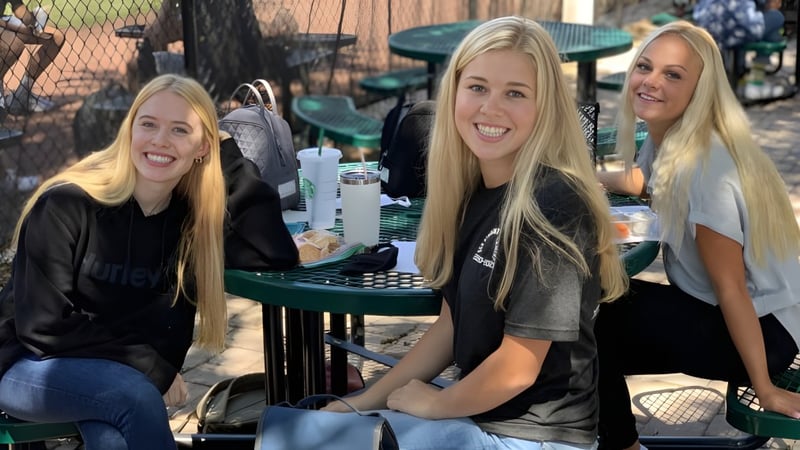 Drei Schülerinnen mit langen blonden Haaren sitzen an einem Tisch im Freien auf dem Campus der Orangewood Christian School.
