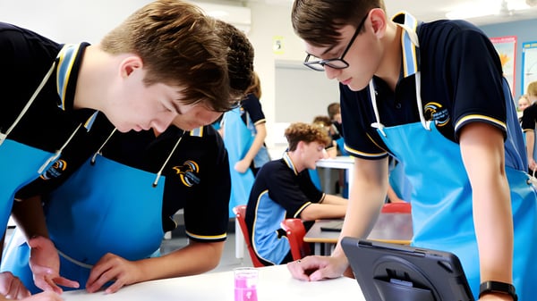 Schüler der Ormeau Woods State High School arbeiten gemeinsam an einer Gruppenaktivität an einem Tisch.