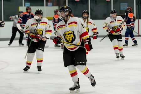 Schüler der Osgoode Township High School spielen ein Hockeyspiel auf dem Eisring vor Zuschauern.