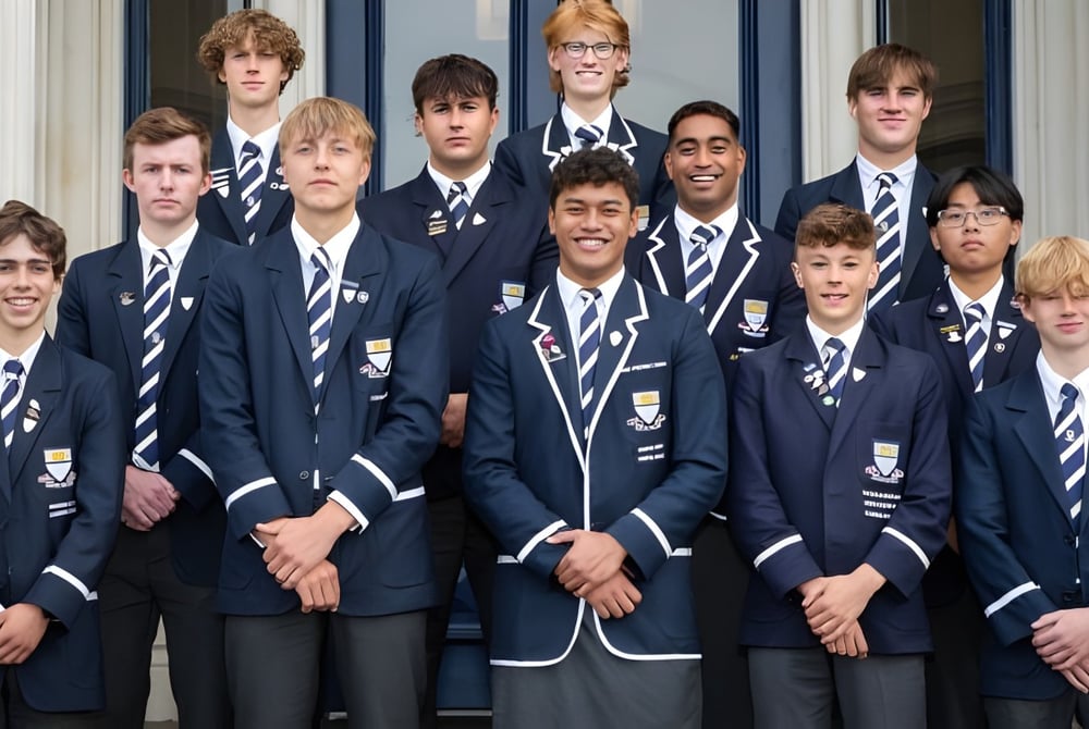 Eine Gruppe Schüler der Otago Boys' High School steht vor einem Gebäude mit großen Fenstern.
