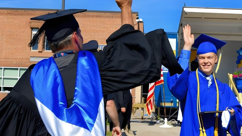 Absolventinnen und Absolventen der Ottawa Technical Secondary School feiern ihren Abschluss vor einem Backsteingebäude.