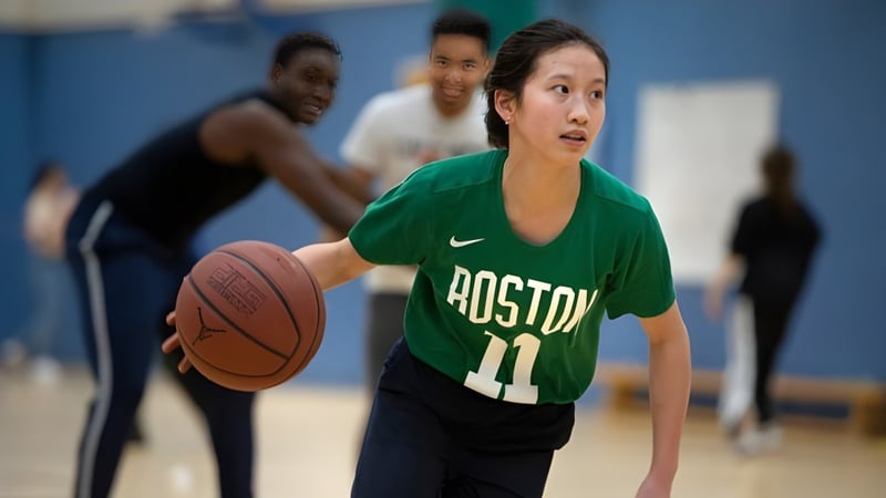 Ein Schüler des Oxford International College Brighton dribbelt einen Basketball auf dem Schulhof.