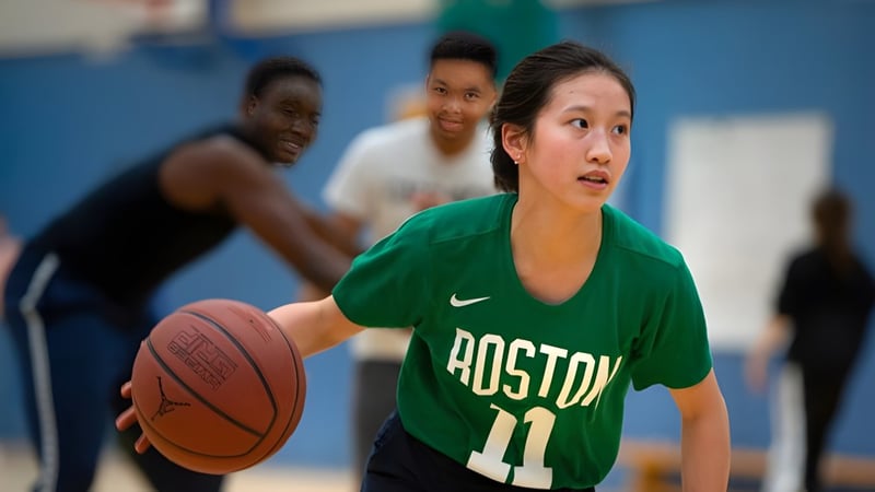 Eine Schülerin des Oxford International College dribbelt einen Basketball auf dem Spielfeld mit zwei weiteren Spielern im Hintergrund.