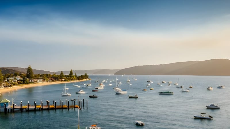 Hafen mit Booten und Yachten vor Bergen unter klarem Himmel in der Nähe der Palm Beach Currumbin State High School.