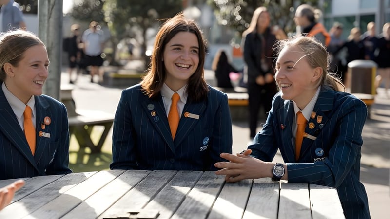 Drei Schülerinnen in Schuluniformen sitzen an einem Holztisch und unterhalten sich auf dem Campus des Papamoa College.