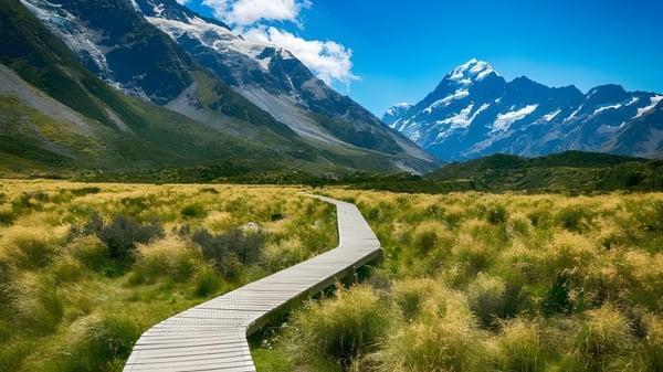 Ein hölzerner Steg führt durch eine grüne Wiese zum Schnee bedeckten Gebirge auf dem Gelände des Paraparaumu College.
