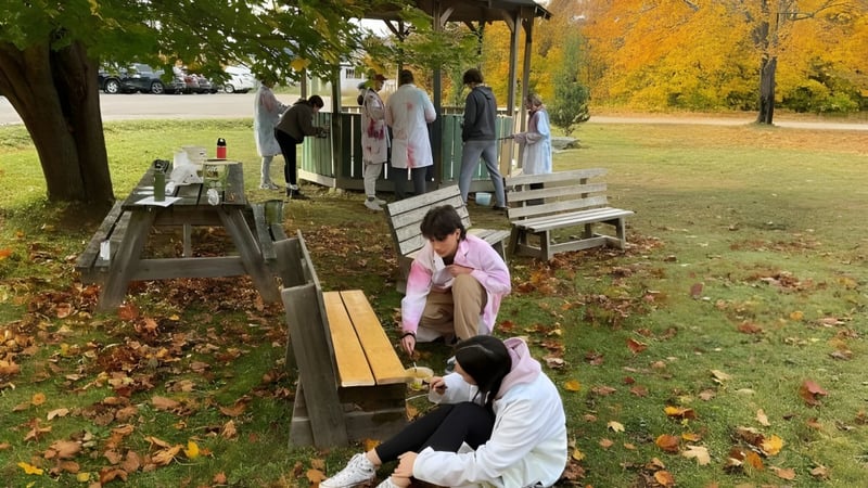 Eine Gruppe von Schülern der Pasadena Academy steht auf einer Holzplattform im herbstlichen Park.