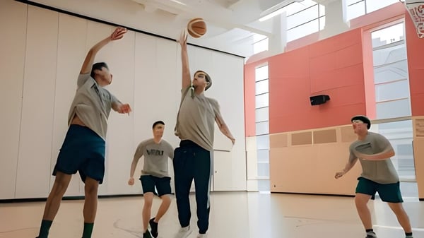 Schüler der Pattison High School spielen Basketball in der hellen Sporthalle mit großen Fenstern.