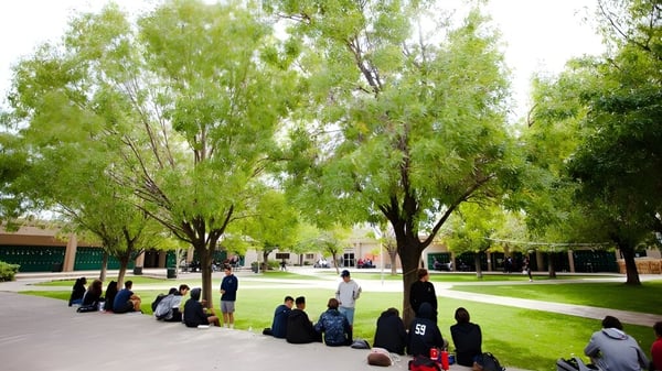 Schüler der Phoenix Christian Preparatory School auf dem grünen Campus neben einem mit Weiden gesäumten Weg.