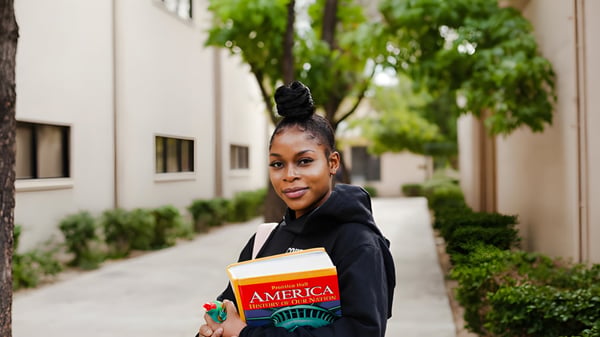Eine junge Frau mit auffälliger Frisur geht eine von Bäumen gesäumte Straße entlang und trägt ein Buch auf dem Campus der Phoenix Christian Preparatory School.