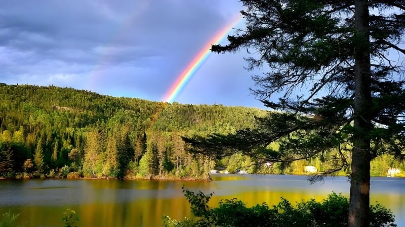 Ein bunter Regenbogen spannt sich über einen See vor bewaldeten Hügeln auf dem Gelände der Pierrefonds Community High School.