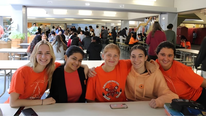 Fünf Schülerinnen der Pierrefonds Community High School posieren gemeinsam in einer belebten Innenraumsituation.