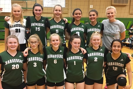 Eine Gruppe junger Athletinnen der Pitt Meadows Secondary School posiert auf dem Basketballfeld mit Anzeigetafel und Sportgeräten im Hintergrund.