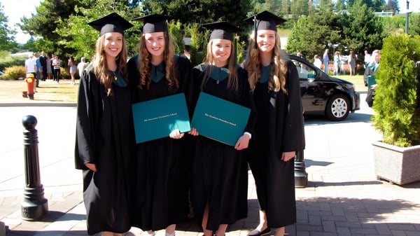 Vier Schülerinnen der Pitt Meadows Secondary School stehen im Freien und halten ihre Abschlussdiplome in den Händen.