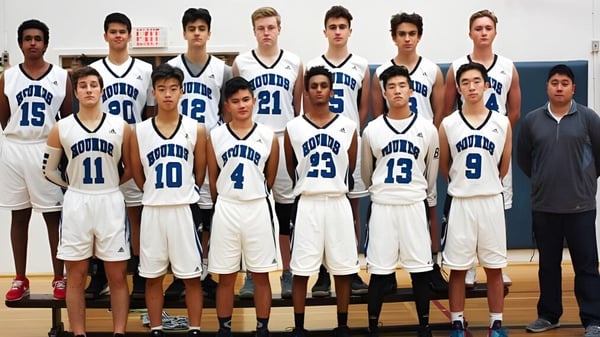 Eine Gruppe von Schülerinnen und Schülern der Point Grey Secondary School posiert in Basketballuniformen auf dem Spielfeld.