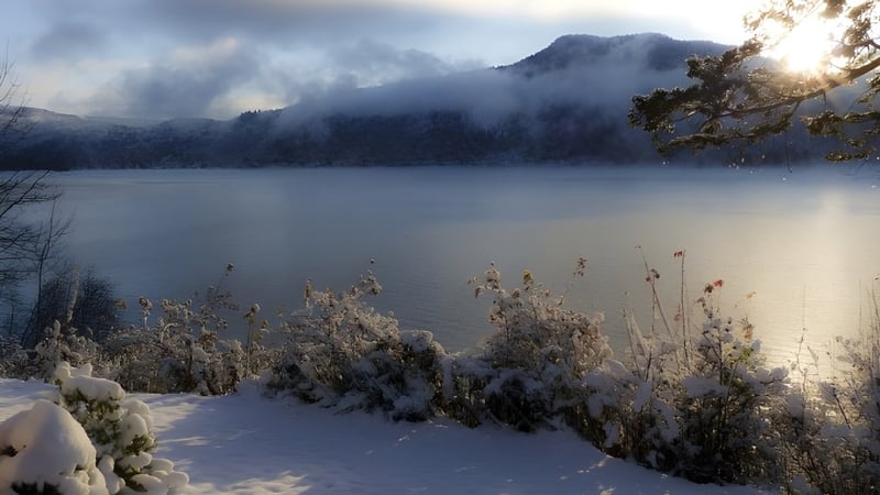 Eine verschneite Winterlandschaft mit Bergpanorama nahe der Polyvalente Louis-J.-Robichaud.