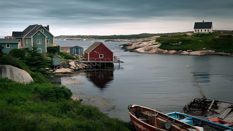 Blick auf eine Küstenszene mit bunten Häusern und einem kleinen Boot vor der Polyvalente Roland-Pépin.