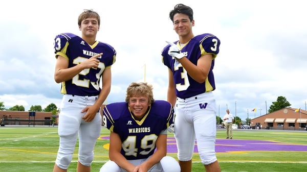 Drei Schülerinnen und Schüler in Football-Uniformen auf dem Spielfeld der Portland Christian High School.