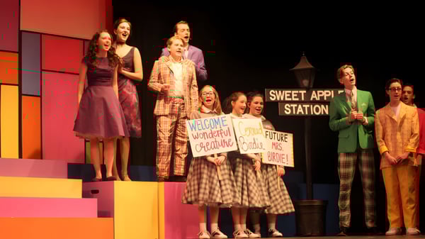 Eine Gruppe von Schülern steht auf der Bühne des Portlaoise College bei einer Veranstaltung mit dem Schild Sweet Apple Station im Hintergrund.