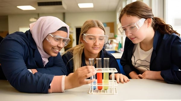 Drei Schülerinnen des Portsmouth College untersuchen konzentriert ein wissenschaftliches Gerät im Labor.