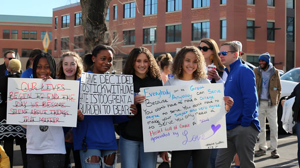 Eine Gruppe junger Menschen hält vor einem Backsteingebäude Schilder mit sozialen und politischen Botschaften auf dem Campus des Poudre School District.